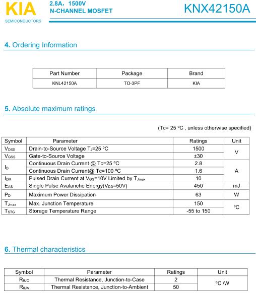 變頻器MOS管,KNX42150A,2.8A/ 1500V 變頻器MOS管,KNX42150A,2.8A/ 1500V