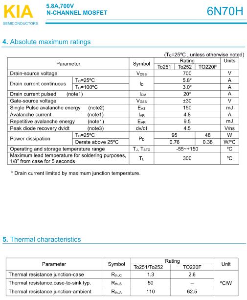 6N70H,KIA6N70H,5.8A/700V 6N70H,KIA6N70H,5.8A/700V